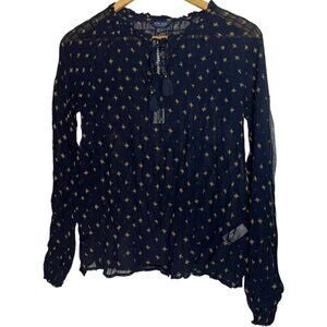 Lucky Brand Women's XS‎ Peasant Top Navy Blue Gold Stars Sheer Celestial